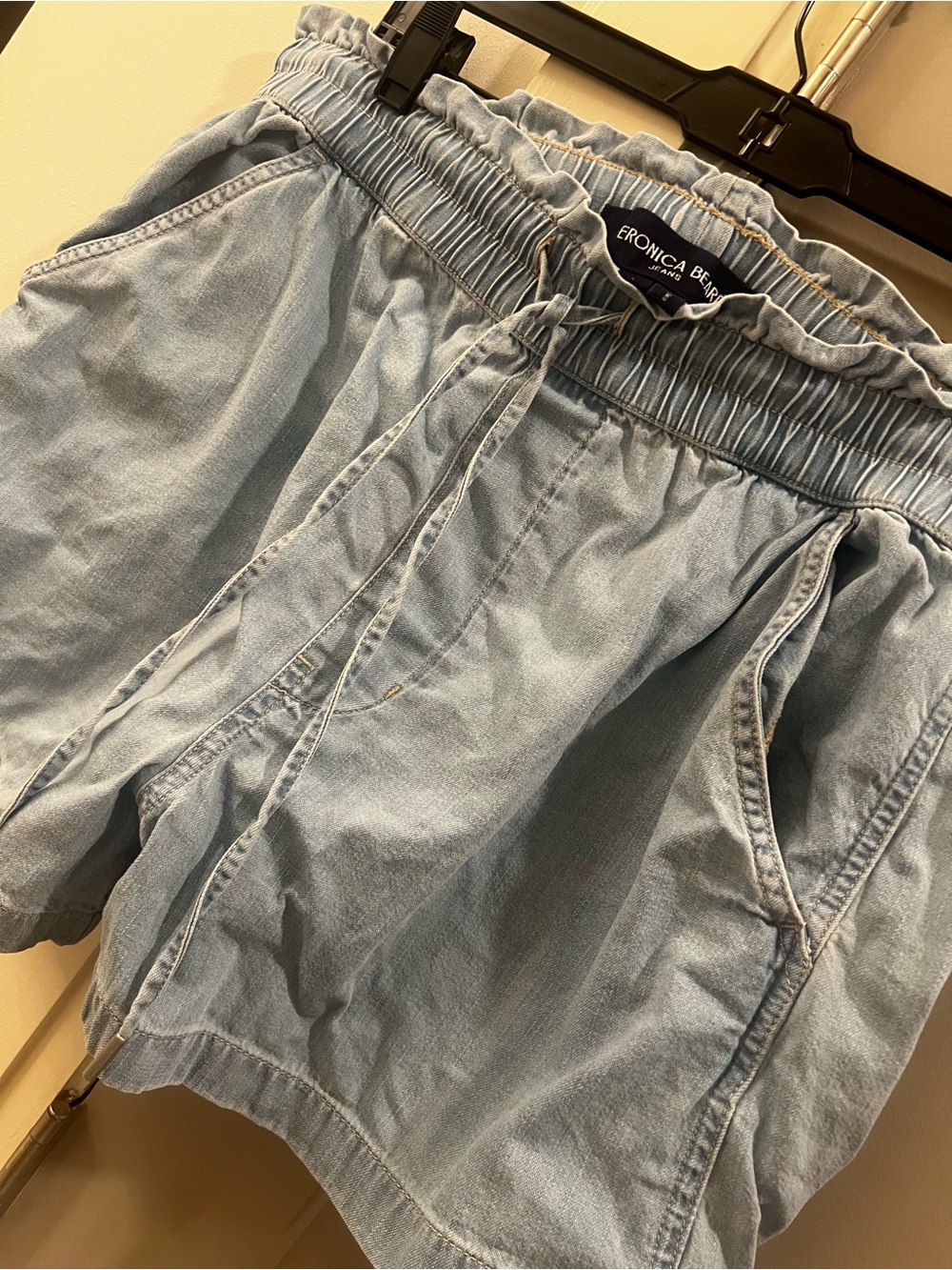 Veronica Beard Light Wash Elastic-Waist Denim Shorts